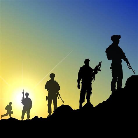 Silhouette of soldier isolated on sunset background. Elegant sunset ...