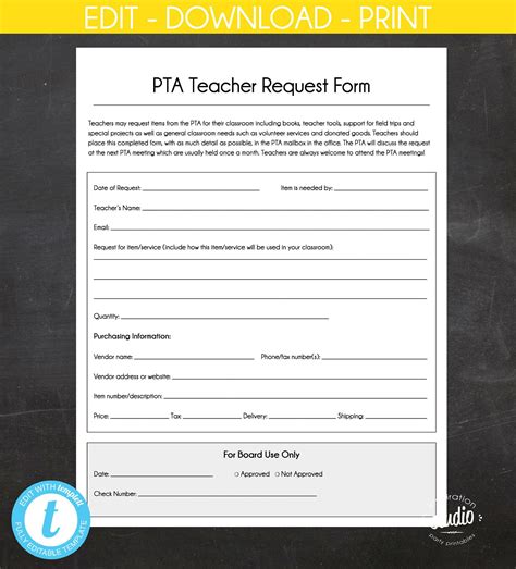 Teacher Request Form Template Pta Ptsa Pto Printable File 85 X 11