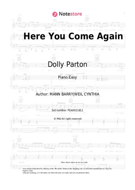 Dolly Parton Here You Come Again Piano Sheet Music On Note Store