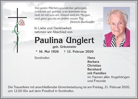 Traueranzeigen von Paulina Unglert Allgäuer Zeitung