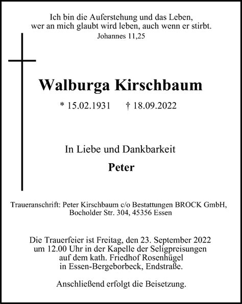 Traueranzeigen Von Walburga Kirschbaum Trauer In Nrw De