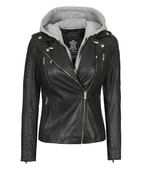 Womens Hooded Black Leather Jacket Asymmetrical Biker Jacket