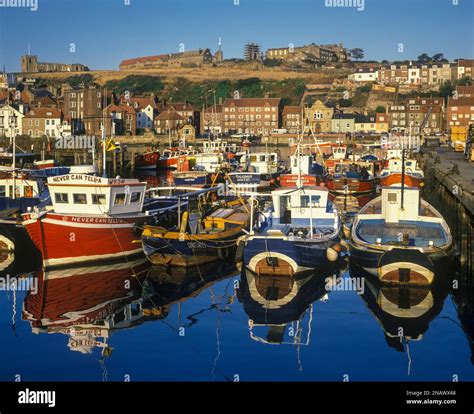 Fishing Boats Moored Whitby Harbour North Yorkshire England Uk Stock