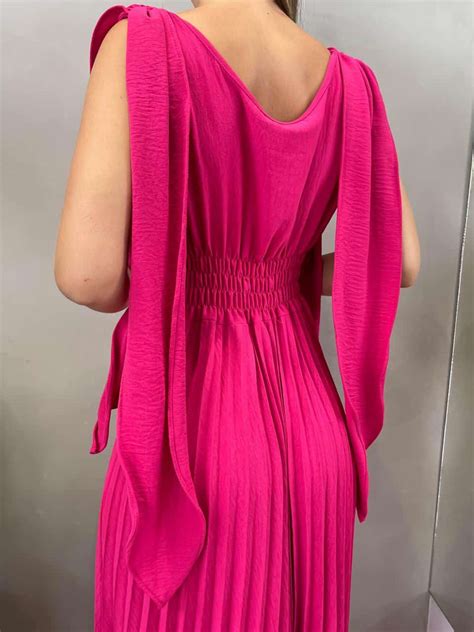 Vestido Longo Decote V Lastex Amarra Es Plissado Pink Lavinny Store