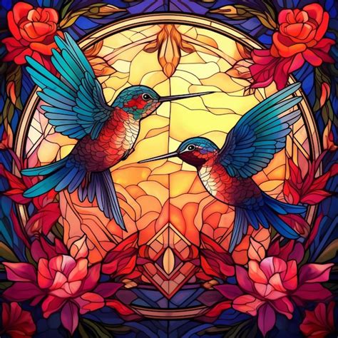 There Are Two Hummingbirds That Are Sitting In Front Of A Stained Glass