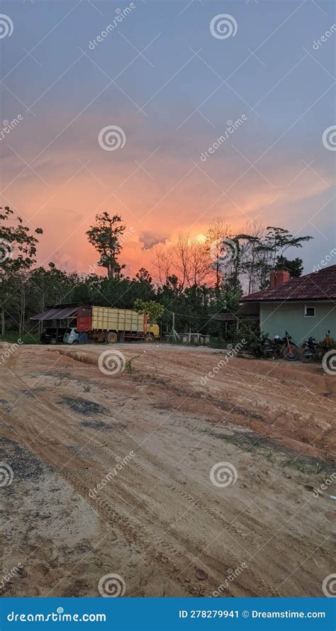 The Orange Sky Sunset Over The Village Stock Image Image Of Jungle