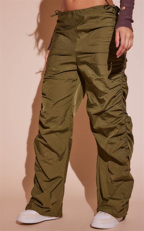 Khaki Parachute Shell Ruched Leg Trousers Prettylittlething Ire