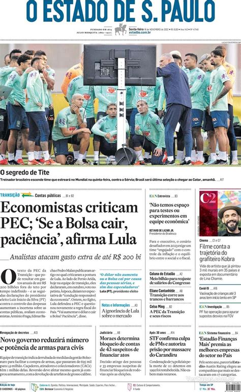 Capa Estadão Edição Sexta 18 de Novembro de 2022