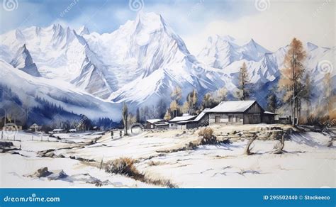 Winter Watercolor Art Nanga Parbat With 3 Houses Sketch Stock