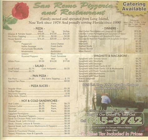 Menu At San Remo Pizza Restaurant Apollo Beach