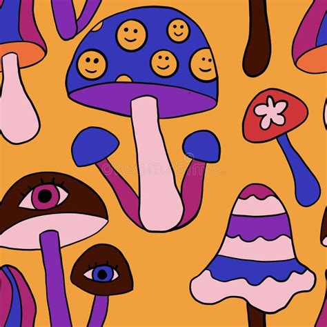 Seamless Hand Drawn Pattern With Hippie Groovy Mushrooms In Orange