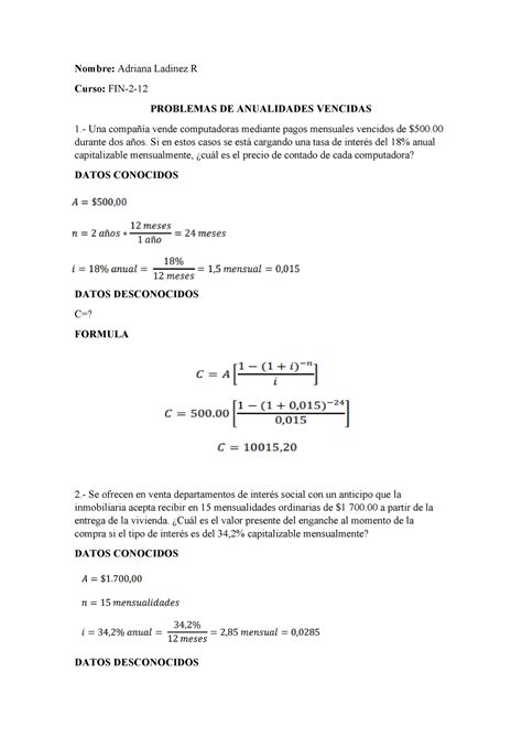 Ejercicios De Anualidades Vencidas Ejercicio En Clase Nombre