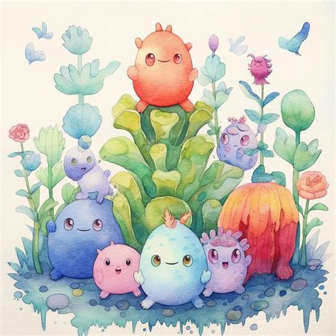 Premium Photo | A painting of a group of monsters in a garden.