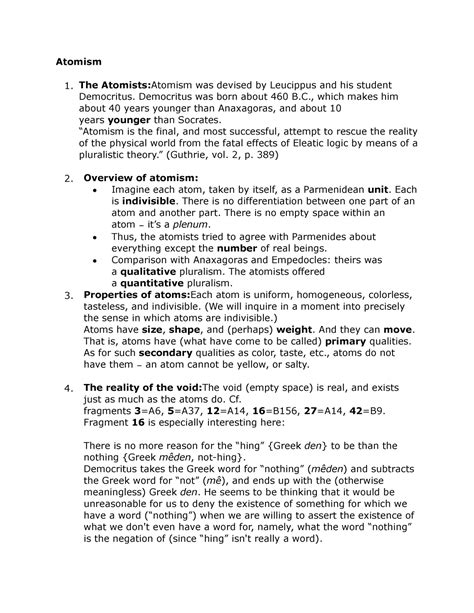 Phil 18 - Atomism philosophy class notes - Atomism The Atomists ...