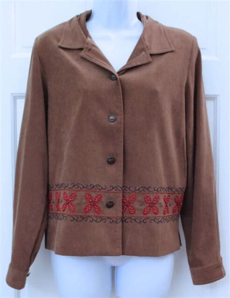 Coldwater Creek Womens Brown Button Down Blazer Jacket SZ S Embroidered