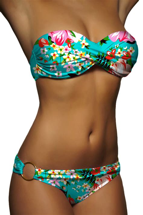 Sexy Push Up Bandeau Bikini Mint Blumen Damen Pushup Badeanzug Gr XS L