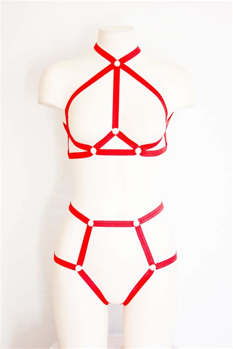Red Body Harness Lingerie Festival Harness Cage Bralette Etsy