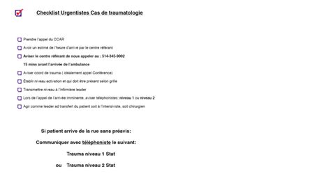 Checklist Trauma Urgence CHU Sainte Justine