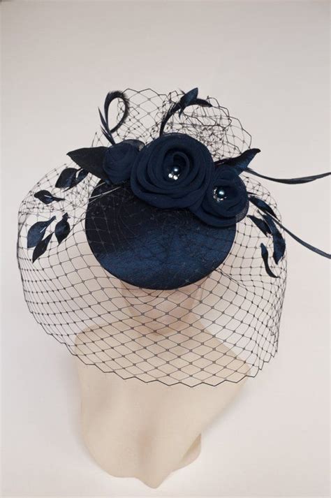 Bridal Navy Blue Fascinator With Birdcage Veil And Flowers Wedding