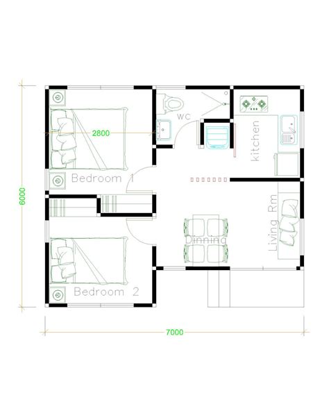 7m X 6m Modern Granny Tiny House Plan 2 Bedrooms Hip Roof Modern House