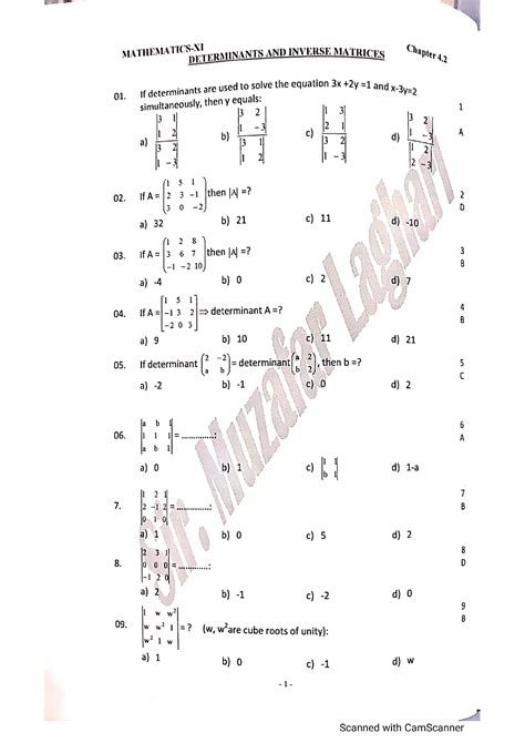 Solution Mathematics Of Class Th Chapter No Determinants And