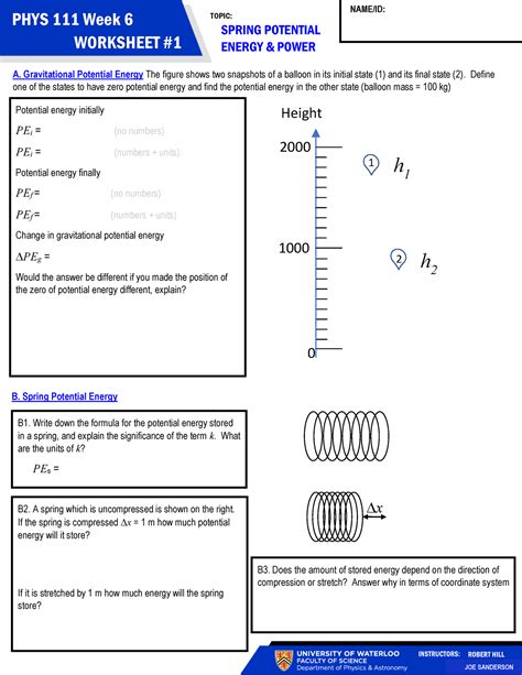 PHYS111 Week6 Worksheet 01 SPRING POTENTIAL ENERGY POWER PHYS 111