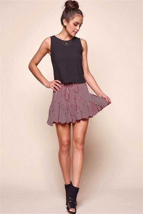 Shop The Robyn Pleated Striped Mini Skirt Burgundy Selfie Leslie