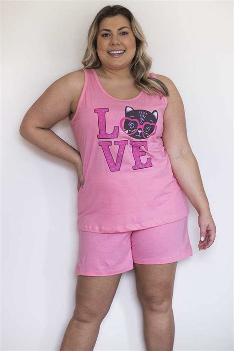 Pijama Verão Feminino Regata Plus Size De Algodão Love Rosa Rosa