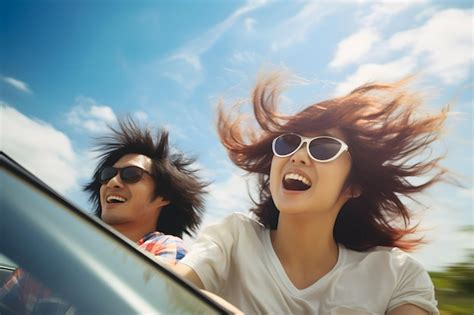 Premium AI Image | asian Friends driving in a convertible car with wind ...