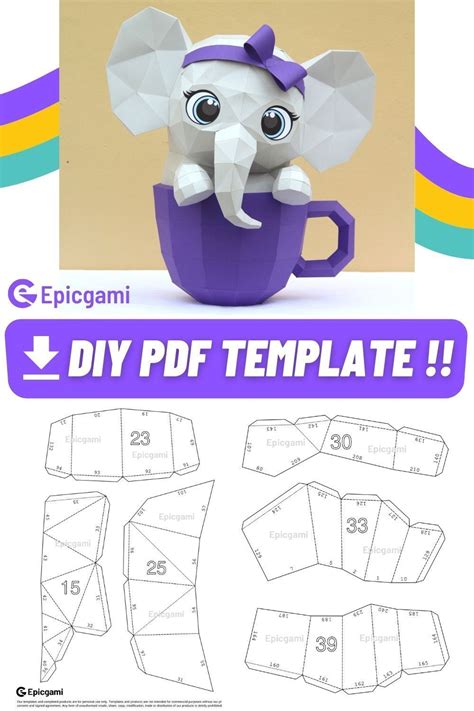 Buy Papercraft 3d Cute Elephant In Cup Svg And Pdf Low Poly Papercraft