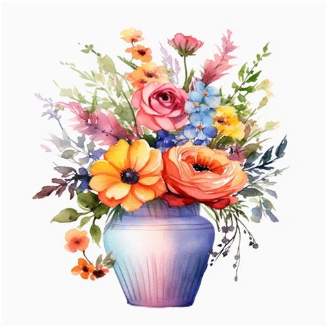 Premium Photo There Is A Watercolor Painting Of A Vase With Flowers