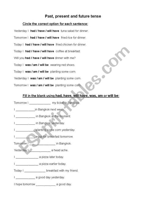 English Worksheets Past Present And Future Tense Worksheet