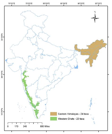 Map of India showing Eastern Himalayas and the Western Ghats with the ...