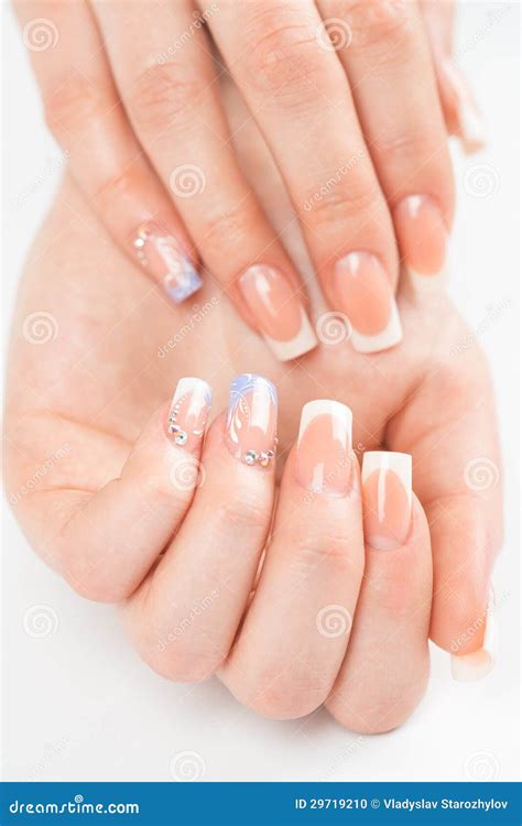 Belle Mani Femminili Con Il Manicure Francese Fotografia Stock