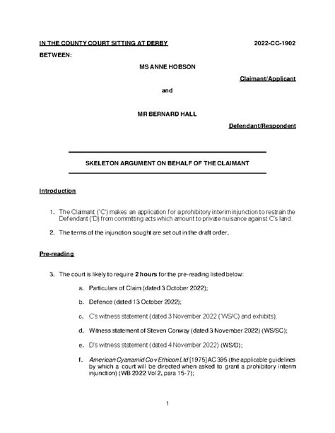 Hobson V Hall Sample Skeleton Argument In The County Court Sitting