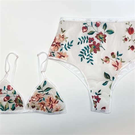 Embroidered Floral Lingerie Set Triangle Bra White Bralette Etsy