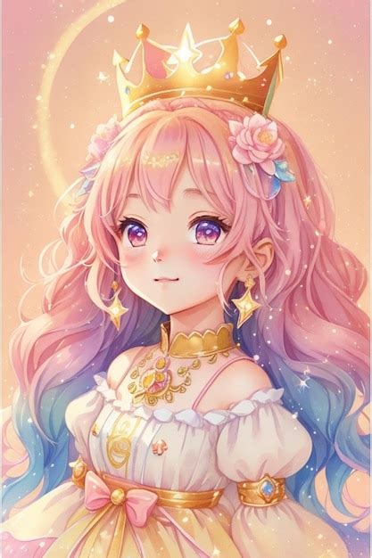 Premium Photo Golden Grace Cute Anime Princess With A Shining Crown