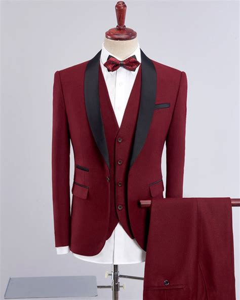 Slim Fit Wedding Suits For Men Shawl Collar 3 Pieces Burgundy Suit Men