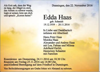 Traueranzeigen Von Edda Haas Schwarzw Lder Bote Trauer