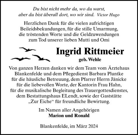 Traueranzeigen Von Ingrid Rittmeier Trauer Anzeigen De