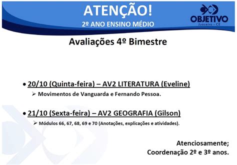 Aviso Para Alunos Do Ano Do Ensino M Dio Col Gio Objetivo