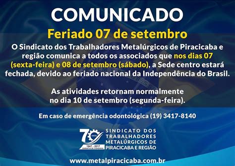 Comunicado Feriado 07 de setembro Sindicato dos Metalúrgicos de