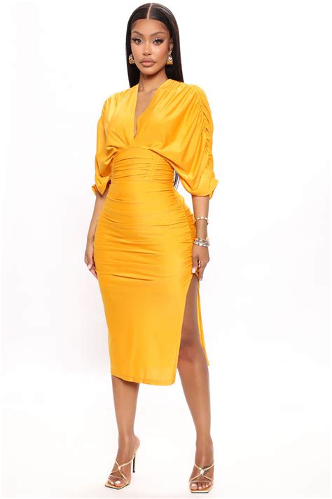 Mandy Ruched Midi Dress Mustard Fashion Nova