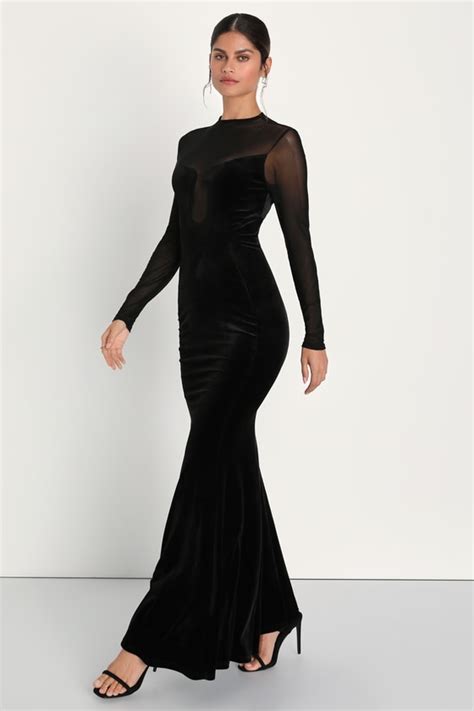 Black Mesh Dress Velvet Maxi Dress Long Sleeve Maxi Dress Lulus