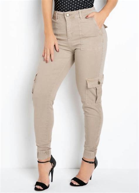 Calça Cargo Jogger Sawary Bege Bolsos Sawary Jeans