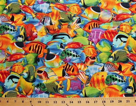 Cotton Fish Packed Colorful Fish Animal Ocean Cotton Fabric Print by ...