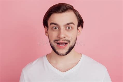 Portrait Of Crazy Excited Amazed Guy Open Mouth On Pink Background