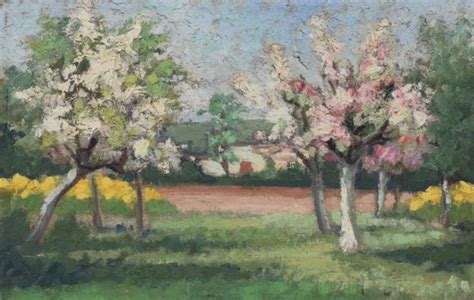 Tableau Ancien Paysage Arbre En Fleurs Peinture L Huile Sur Toile