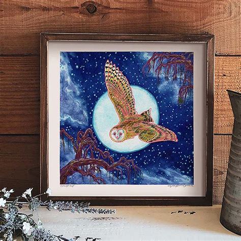 Owl Flying past Full Moon in Starry Night Sky - Art Print