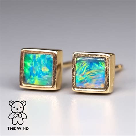 Minimalist Square Australian Doublet Opal Stud Earrings K Yellow Gold